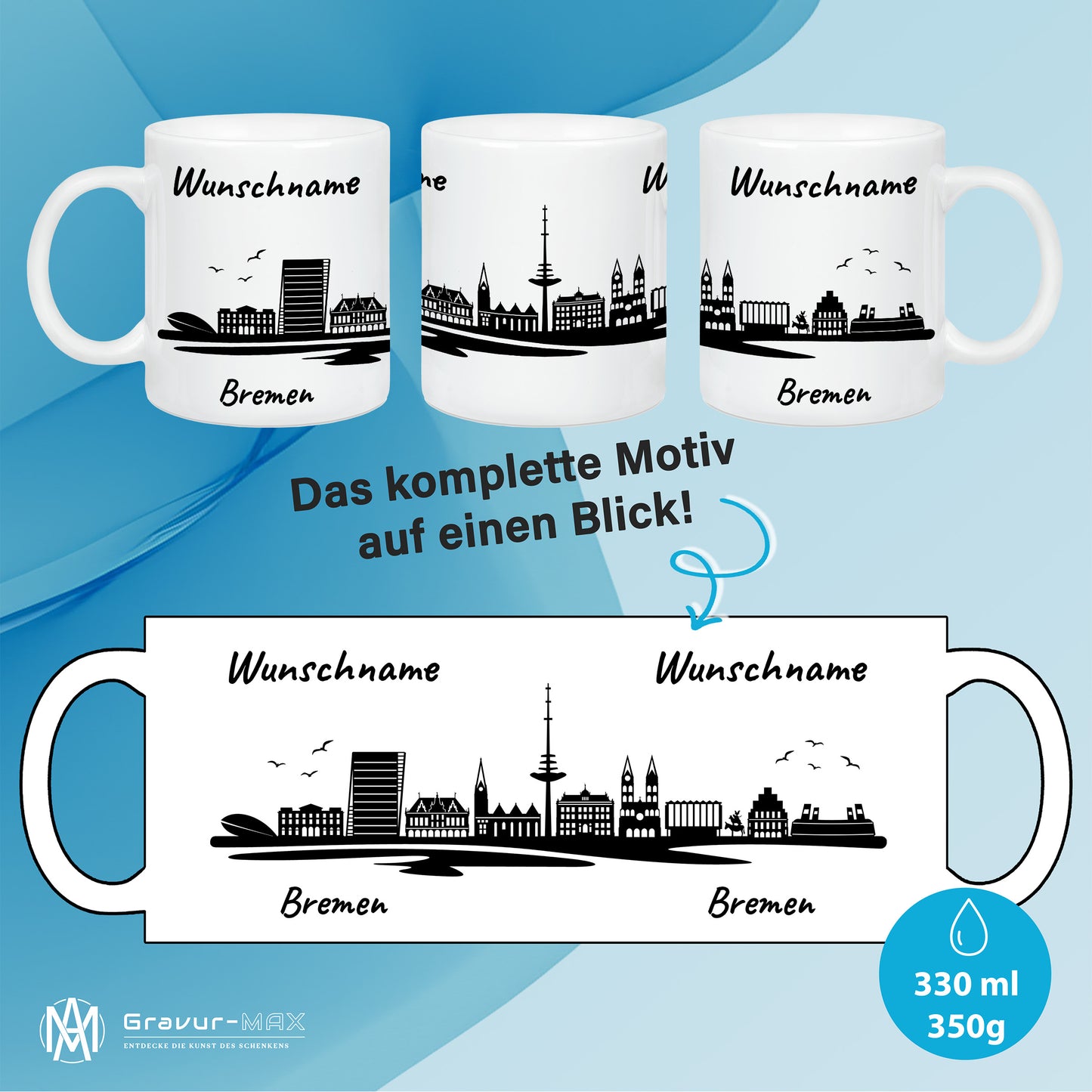 Tasse in Weiß 330ml bedruckt mit der Skyline von Bremen personalisierbar mit Wunschname