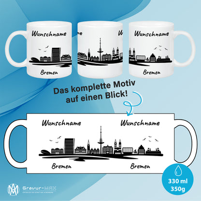 Tasse in Weiß 330ml bedruckt mit der Skyline von Bremen personalisierbar mit Wunschname