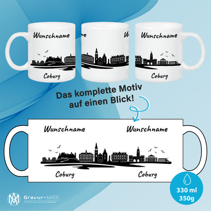Tasse in Weiß 330ml bedruckt mit der Skyline von Coburg personalisierbar mit Wunschname