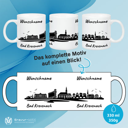Tasse in Weiß 330ml bedruckt mit der Skyline von Bad Kreuznach personalisierbar mit Wunschname