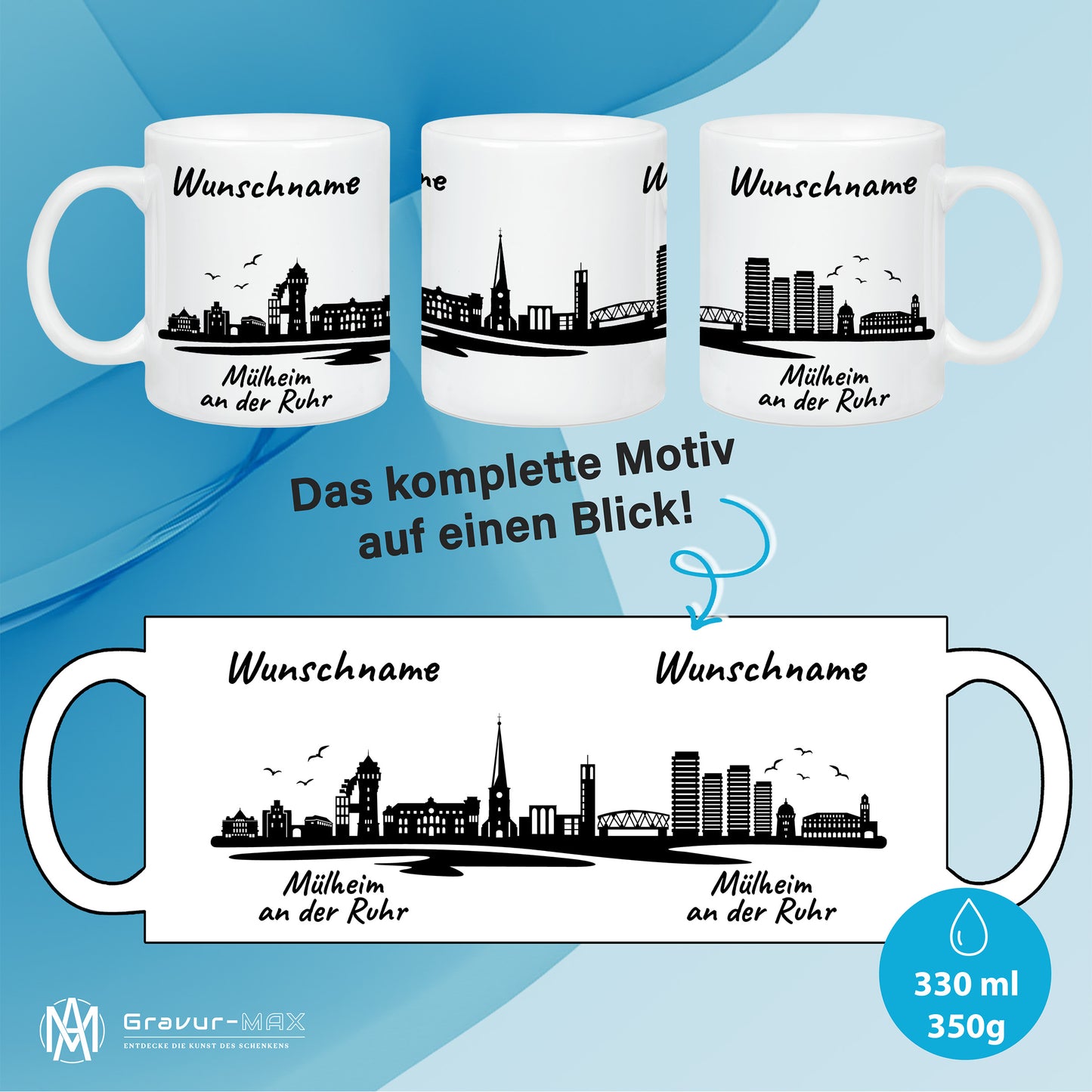 Tasse in Weiß 330ml bedruckt mit der Skyline von Mülheim an der Ruhr personalisierbar mit Wunschname