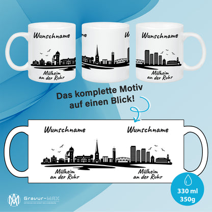 Tasse in Weiß 330ml bedruckt mit der Skyline von Mülheim an der Ruhr personalisierbar mit Wunschname