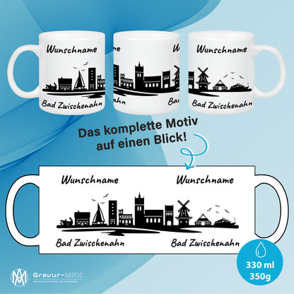 Tasse in Weiß 330ml bedruckt mit der Skyline von Bad Zwischenahn personalisierbar mit Wunschname