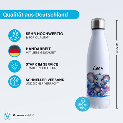 Trinkflasche in Weiß 500ml aus Edelstahl bedruckt mit niedlichen Tieren "Elefant" personalisierbar für Kinder mit Wunschname