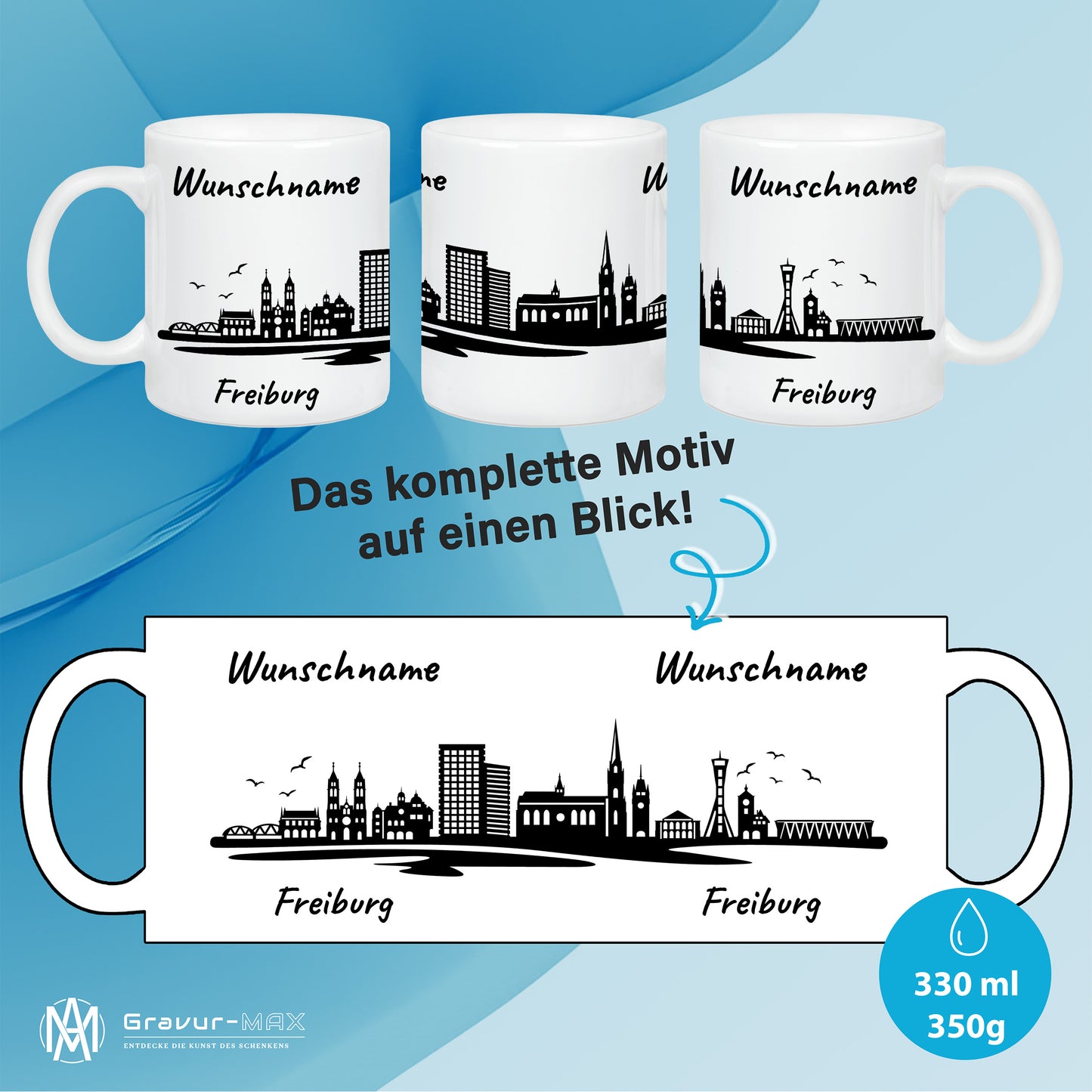 Tasse in Weiß 330ml bedruckt mit der Skyline von Freiburg personalisierbar mit Wunschname