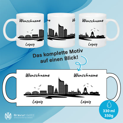 Tasse in Weiß 330ml bedruckt mit der Skyline von Leipzig personalisierbar mit Wunschname
