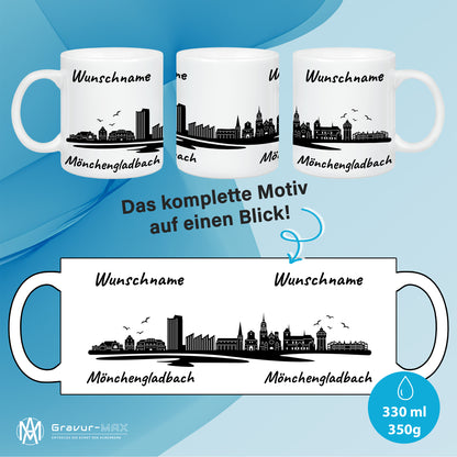 Tasse in Weiß 330ml bedruckt mit der Skyline von Mönchengladbach personalisierbar mit Wunschname