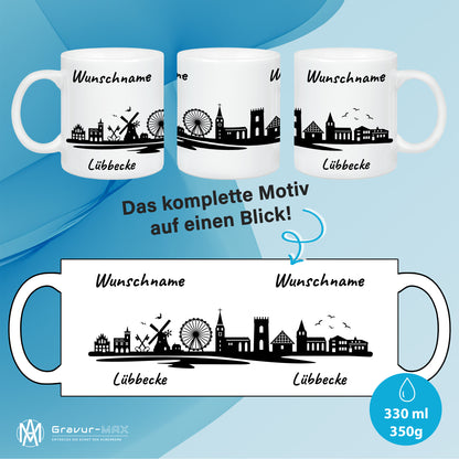 Tasse in Weiß 330ml bedruckt mit der Skyline von Lübbecke personalisierbar mit Wunschname