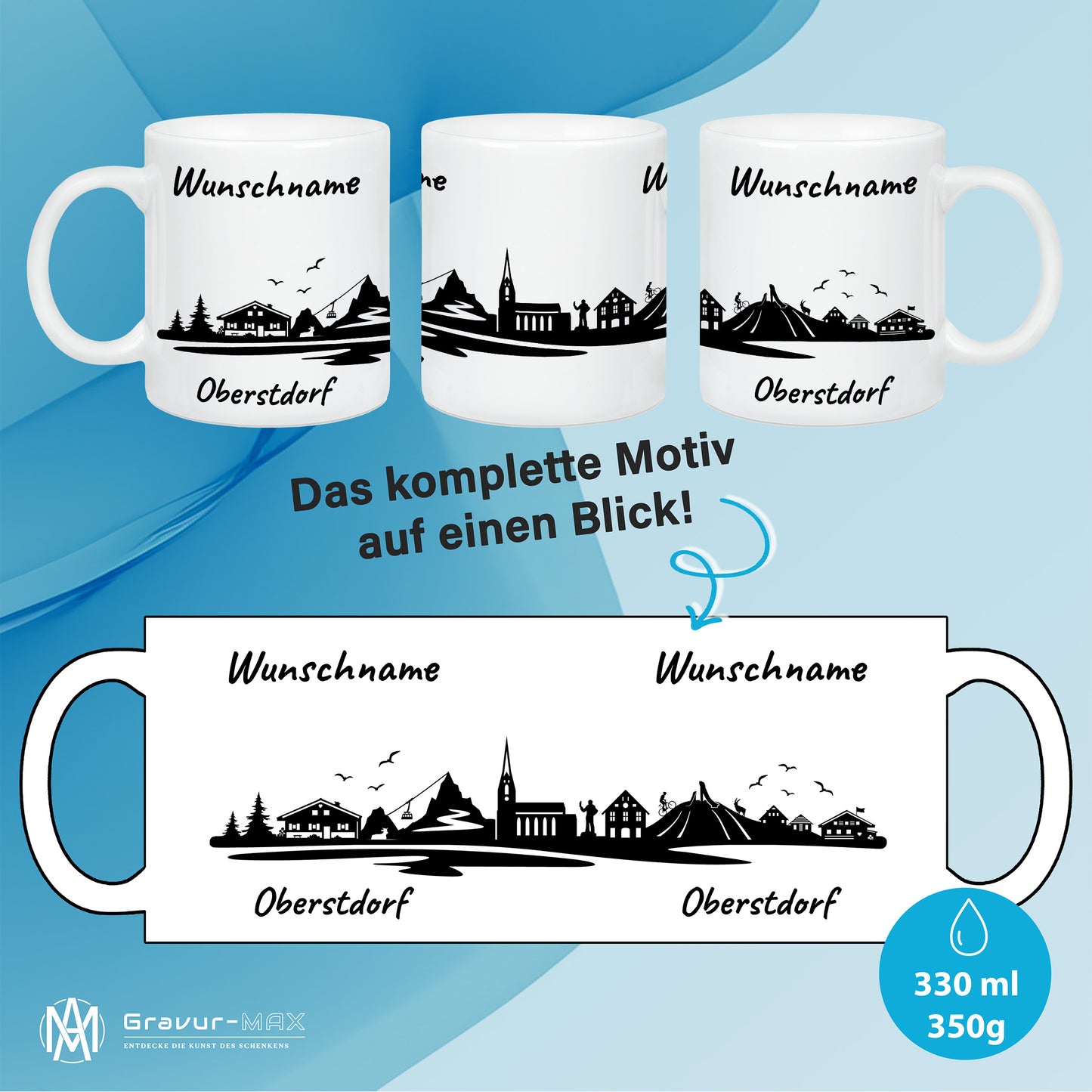 Tasse in Weiß 330ml bedruckt mit der Skyline von Oberstdorf personalisierbar mit Wunschname