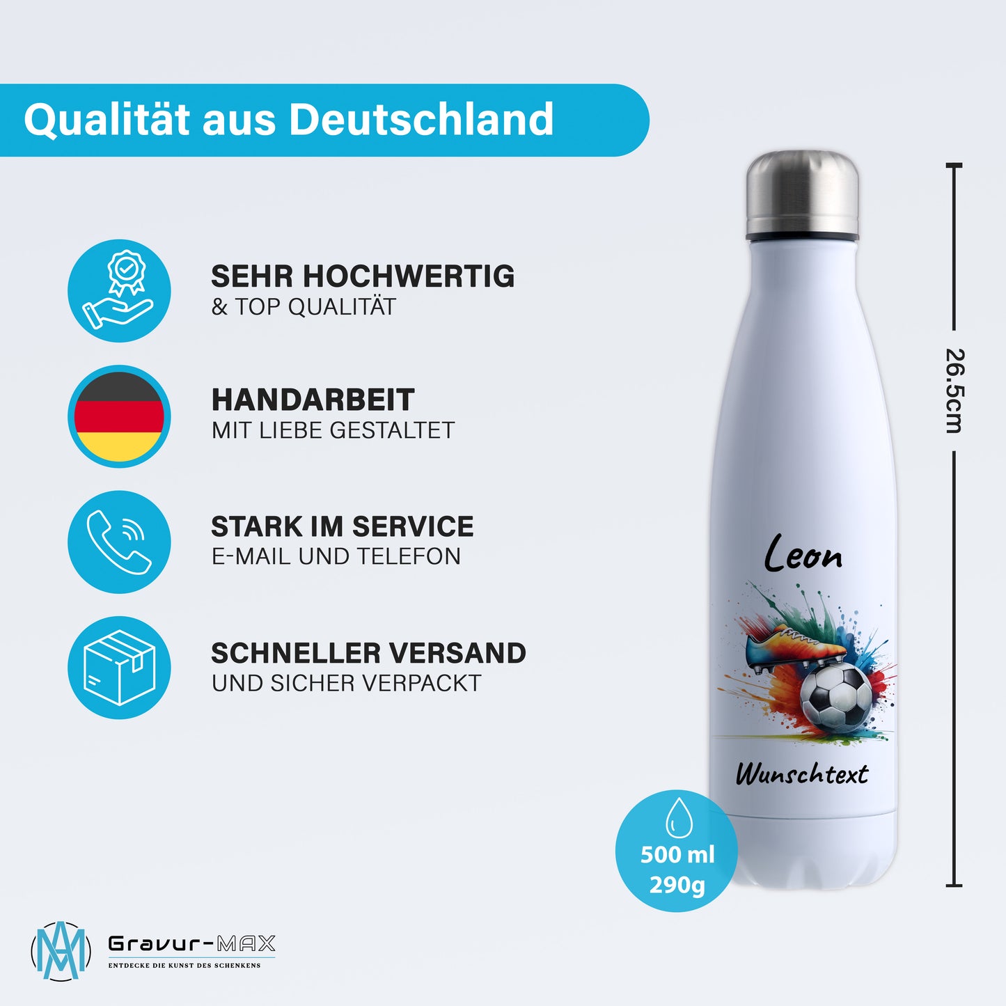 Thermoflasche 500ml in Weiß aus Edelstahl bedruckt "Fußball" Motiv6 personalisierbar mit Wunschname & Text