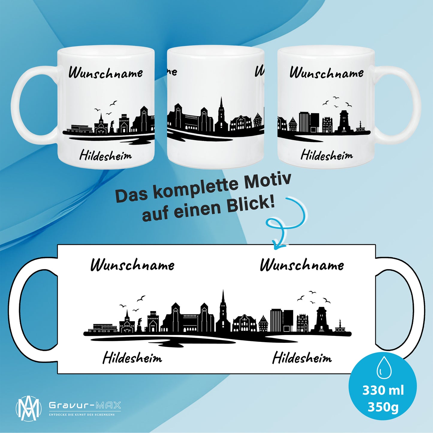 Tasse in Weiß 330ml bedruckt mit der Skyline von Hildesheim personalisierbar mit Wunschname