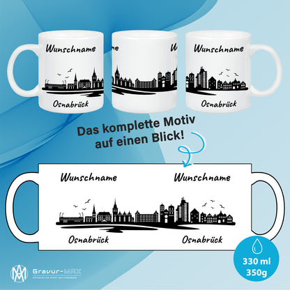 Tasse in Weiß 330ml bedruckt mit der Skyline von Osnabrück personalisierbar mit Wunschname