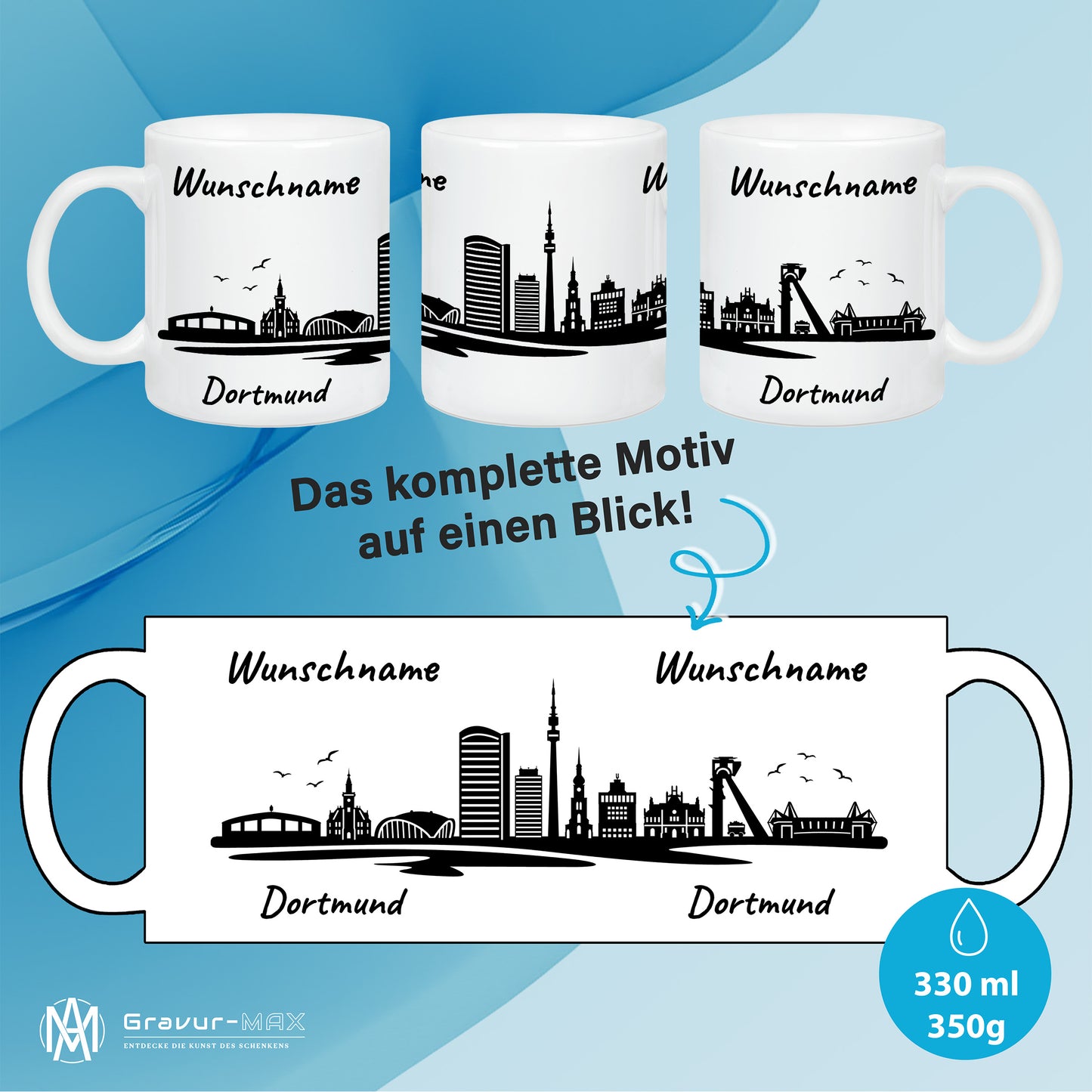Tasse in Weiß 330ml bedruckt mit der Skyline von Dortmund personalisierbar mit Wunschname