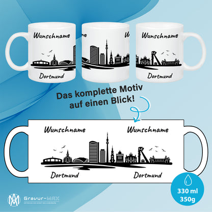 Tasse in Weiß 330ml bedruckt mit der Skyline von Dortmund personalisierbar mit Wunschname