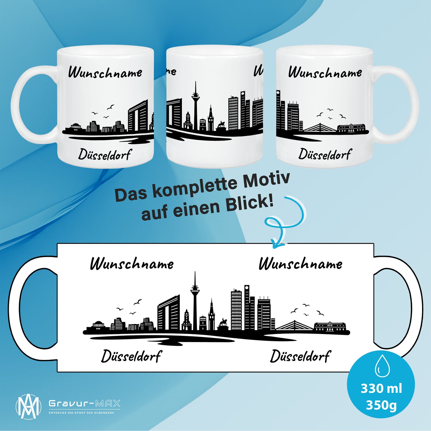 Tasse in Weiß 330ml bedruckt mit der Skyline von Düsseldorf personalisierbar mit Wunschname