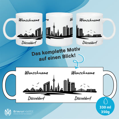 Tasse in Weiß 330ml bedruckt mit der Skyline von Düsseldorf personalisierbar mit Wunschname