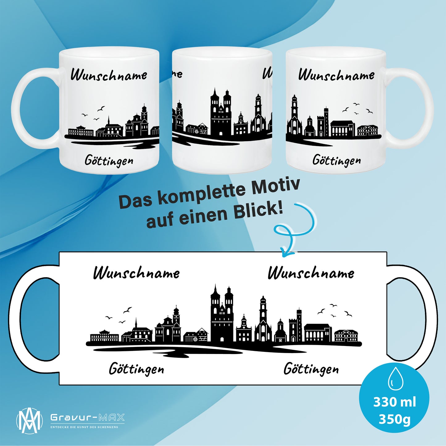 Tasse in Weiß 330ml bedruckt mit der Skyline von Göttingen personalisierbar mit Wunschname