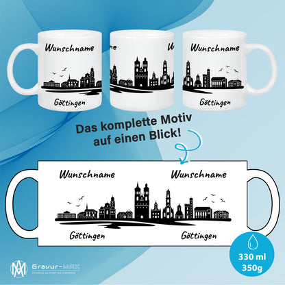 Tasse in Weiß 330ml bedruckt mit der Skyline von Göttingen personalisierbar mit Wunschname
