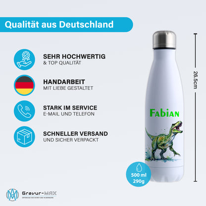 Thermoflasche 500ml in Weiß bedruckt mit tollen Motiven für Kinder "Dino T-Rex" personalisierbar mit Wunschname