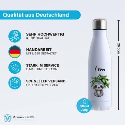 Trinkflasche in Weiß 500ml aus Edelstahl bedruckt mit Dschungel Tieren"Faultier" personalisierbar für Kinder mit Wunschname