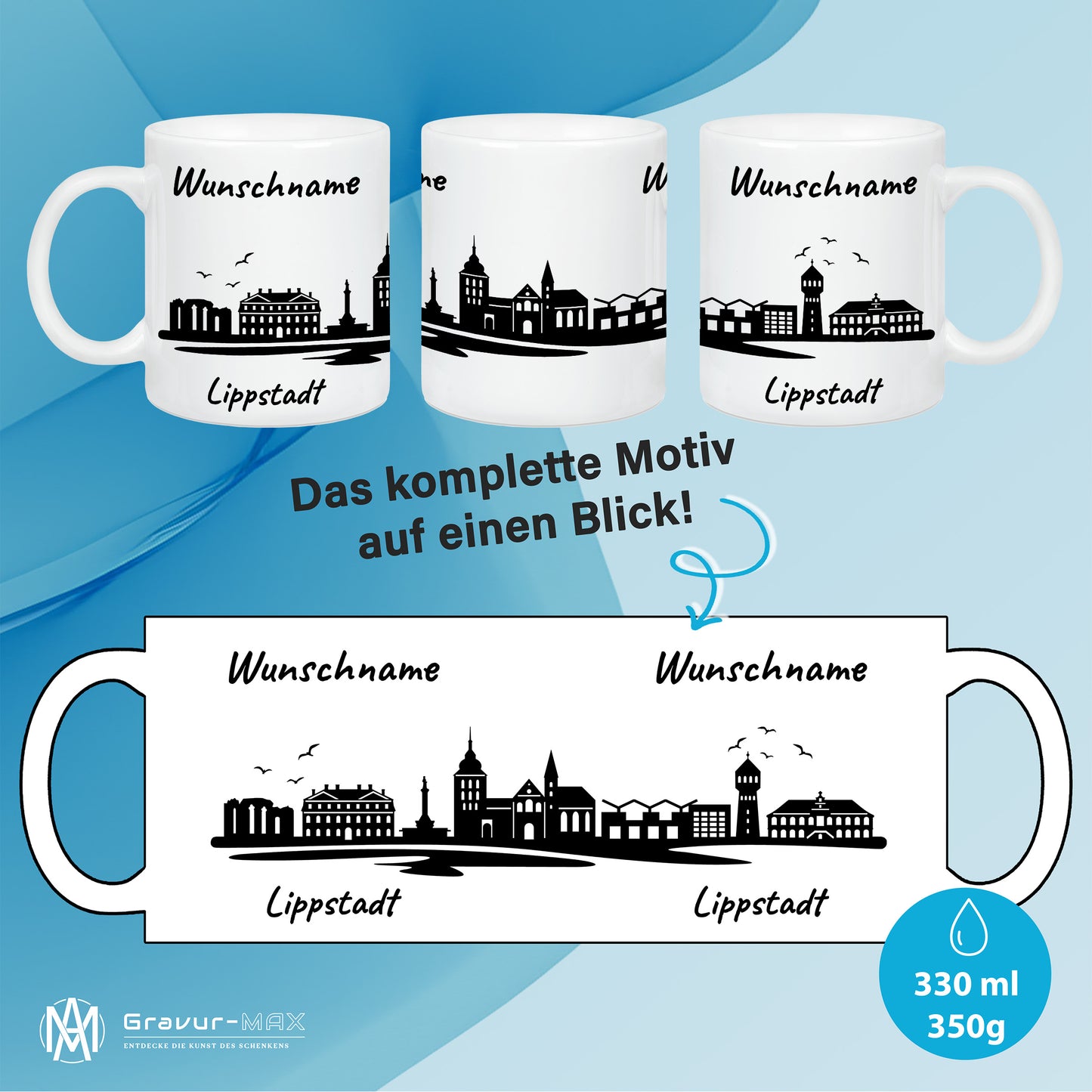 Tasse in Weiß 330ml bedruckt mit der Skyline von Lippstadt personalisierbar mit Wunschname