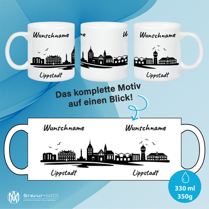 Tasse in Weiß 330ml bedruckt mit der Skyline von Lippstadt personalisierbar mit Wunschname