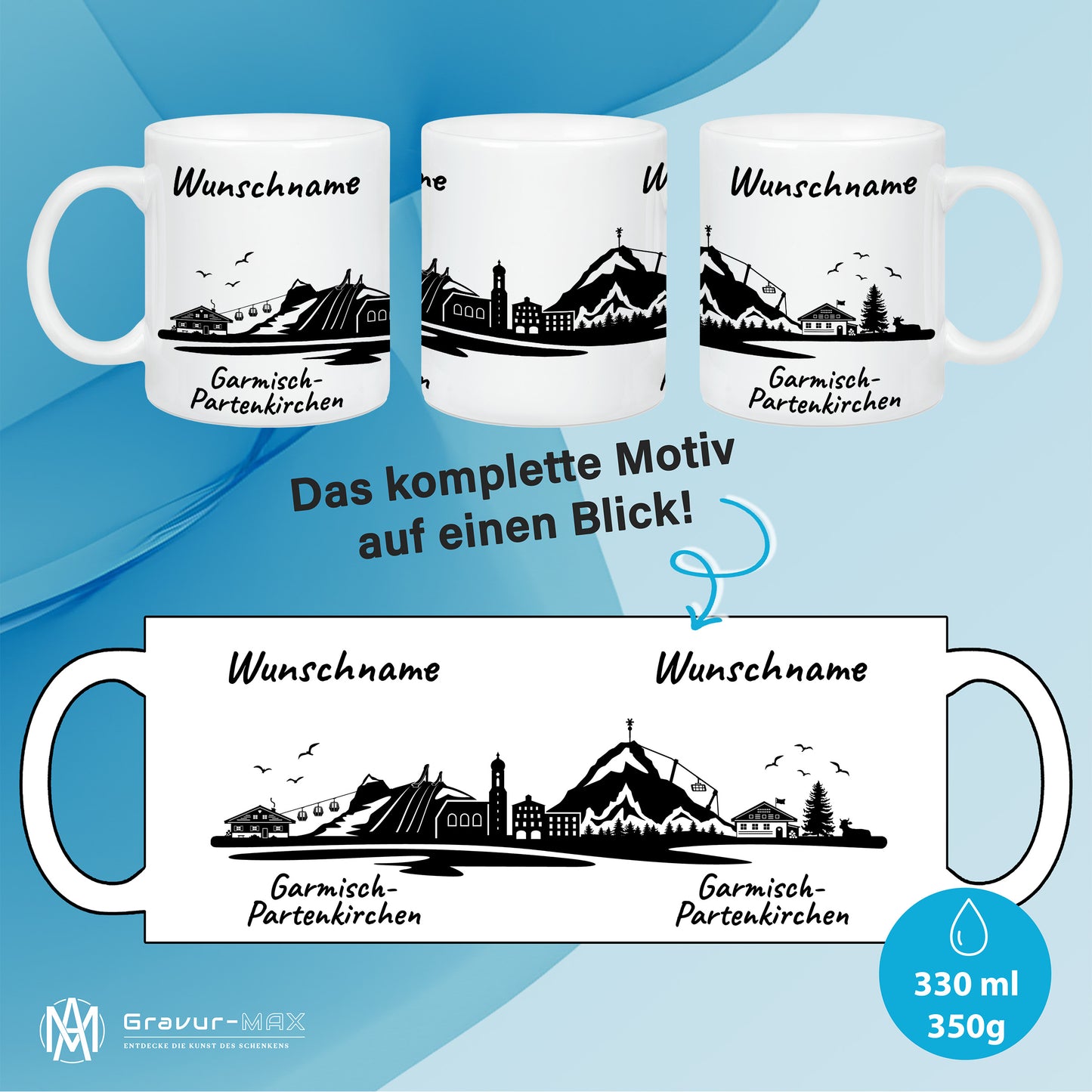 Tasse in Weiß 330ml bedruckt mit der Skyline von Garmisch-Partenkirchen personalisierbar mit Wunschname