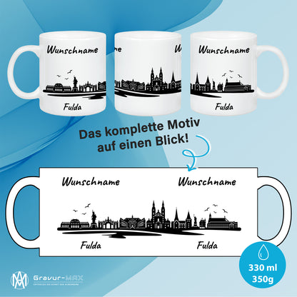 Tasse in Weiß 330ml bedruckt mit der Skyline von Fulda personalisierbar mit Wunschname
