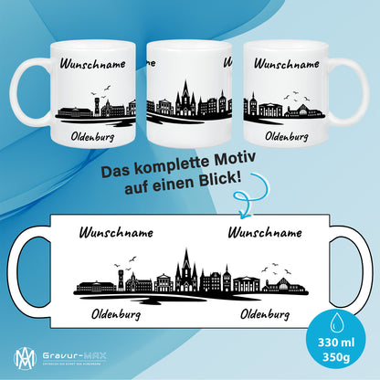 Tasse in Weiß 330ml bedruckt mit der Skyline von Oldenburg personalisierbar mit Wunschname