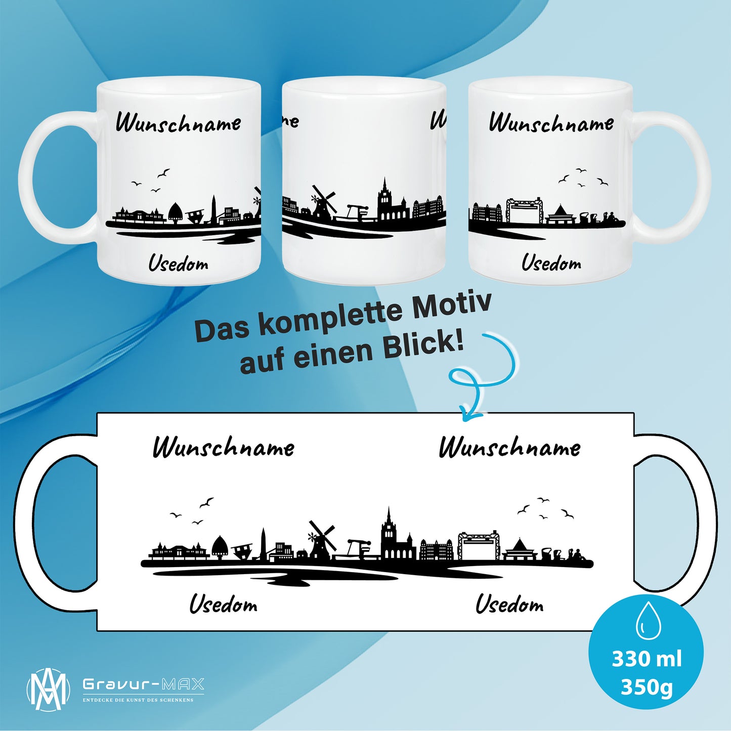 Tasse in Weiß 330ml bedruckt mit der Skyline von Usedom personalisierbar mit Wunschname