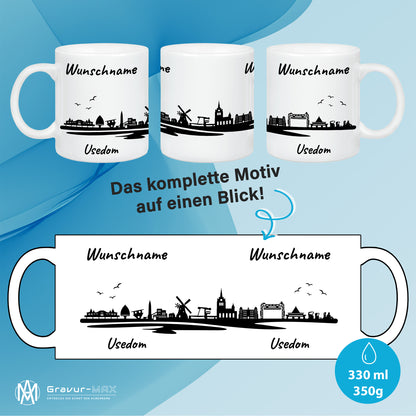 Tasse in Weiß 330ml bedruckt mit der Skyline von Usedom personalisierbar mit Wunschname