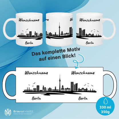 Tasse in Weiß 330ml bedruckt mit der Skyline von Berlin personalisierbar mit Wunschname