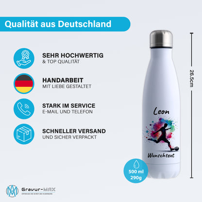 Thermoflasche 500ml in Weiß aus Edelstahl bedruckt "Fußball" Motiv4 personalisierbar mit Wunschname & Text