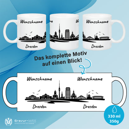 Tasse in Weiß 330ml bedruckt mit der Skyline von Dresden personalisierbar mit Wunschname