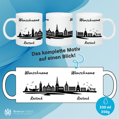 Tasse in Weiß 330ml bedruckt mit der Skyline von Rostock personalisierbar mit Wunschname
