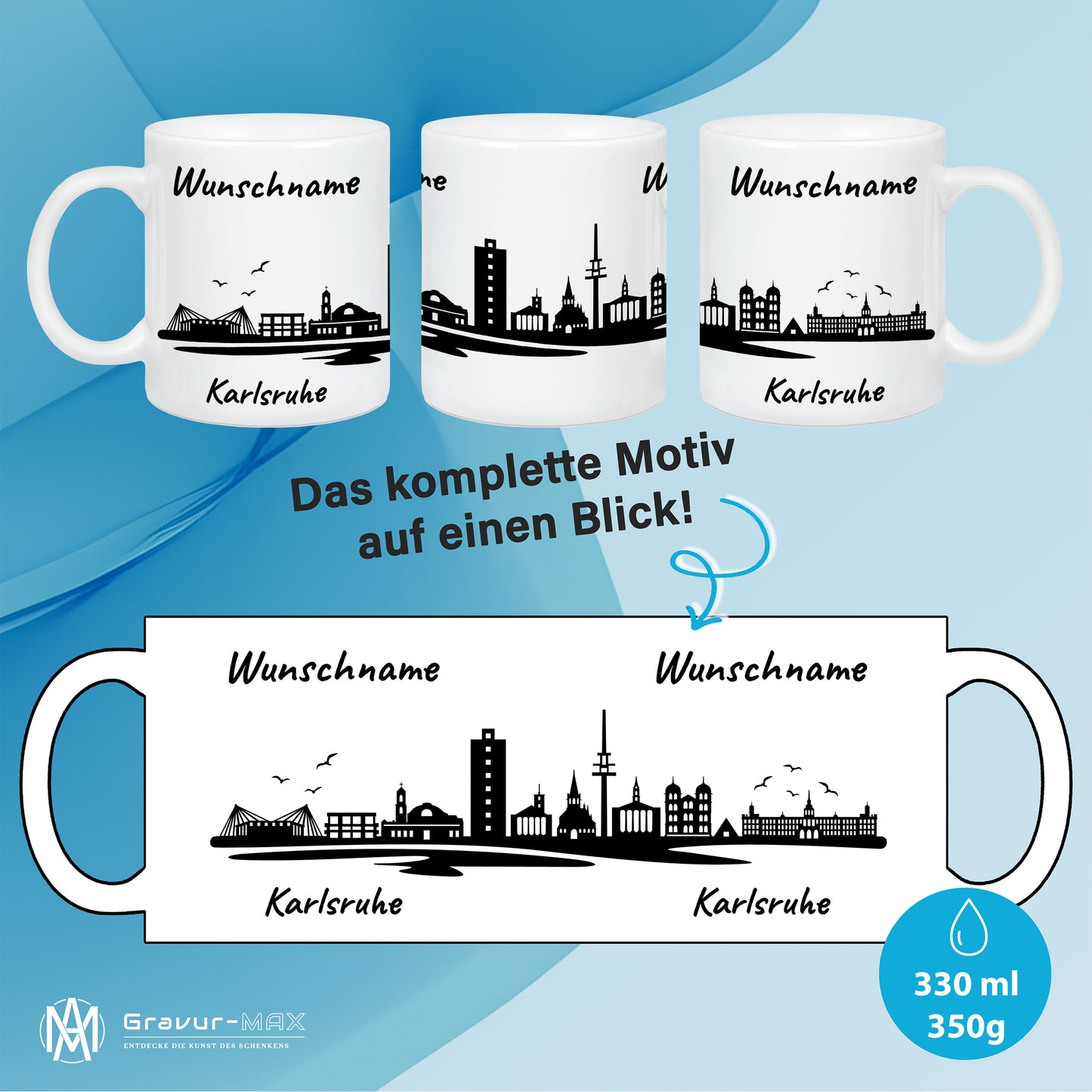 Tasse in Weiß 330ml bedruckt mit der Skyline von Karlsruhe personalisierbar mit Wunschname