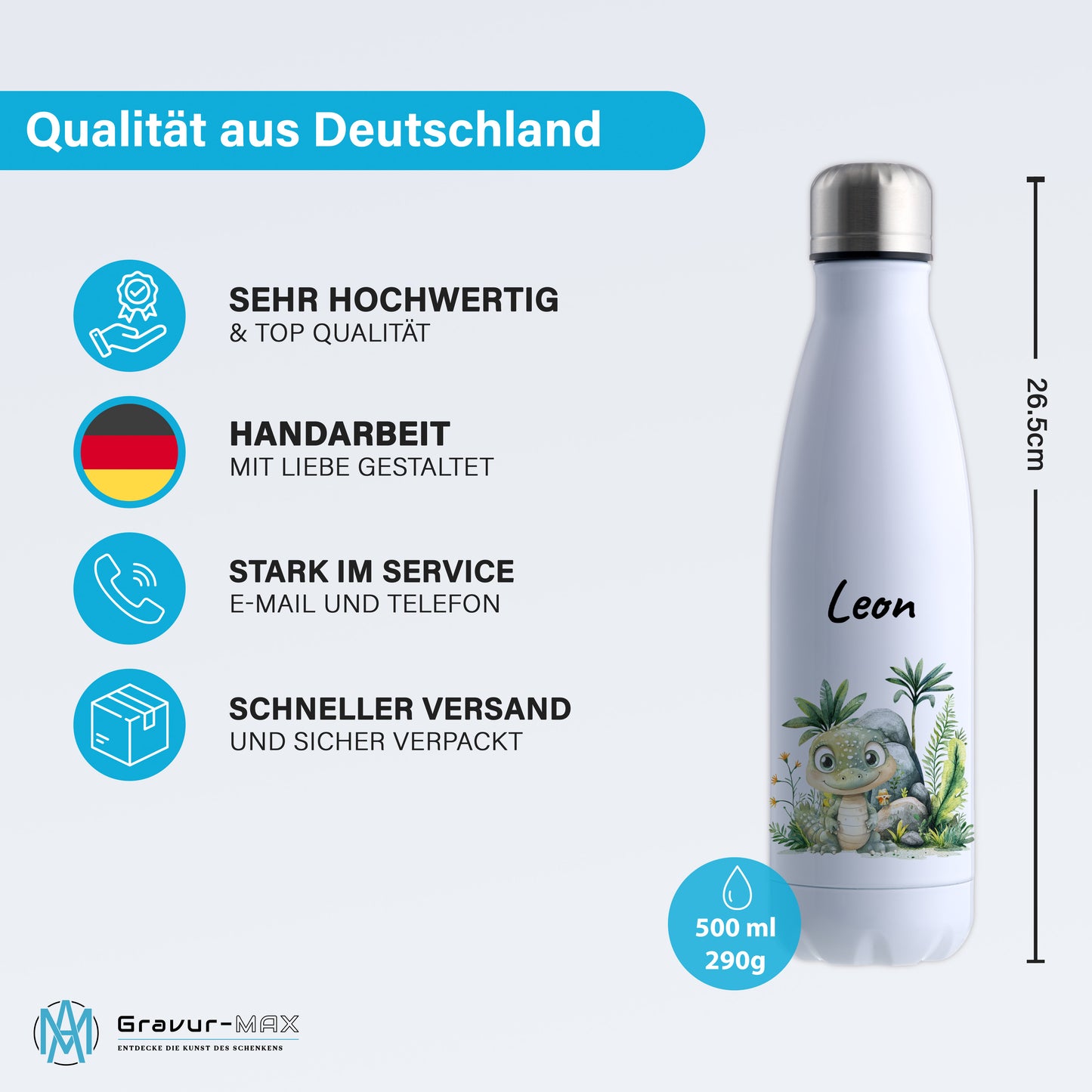 Trinkflasche in Weiß 500ml aus Edelstahl bedruckt mit Dschungel Tieren"Krokodil" personalisierbar für Kinder mit Wunschname
