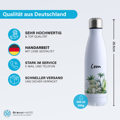 Trinkflasche in Weiß 500ml aus Edelstahl bedruckt mit Dschungel Tieren"Krokodil" personalisierbar für Kinder mit Wunschname