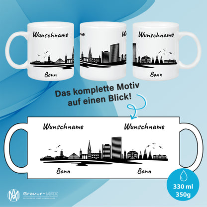 Tasse in Weiß 330ml bedruckt mit der Skyline von Bonn personalisierbar mit Wunschname