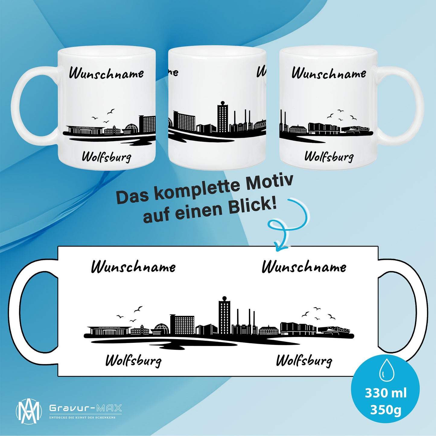 Tasse in Weiß 330ml bedruckt mit der Skyline von Wolfsburg personalisierbar mit Wunschname