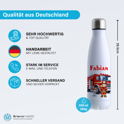 Thermoflasche 500ml in Weiß bedruckt mit tollen Motiven für Kinder "Feuerwehr" personalisierbar mit Wunschname