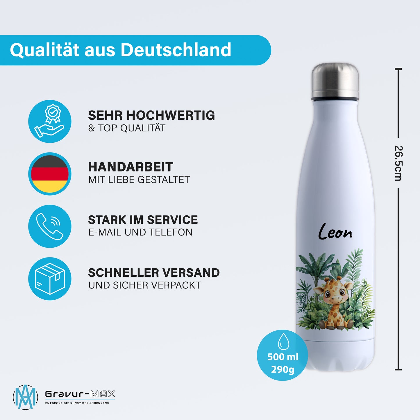 Trinkflasche in Weiß 500ml aus Edelstahl bedruckt mit Dschungel Tieren"Giraffe" personalisierbar für Kinder mit Wunschname