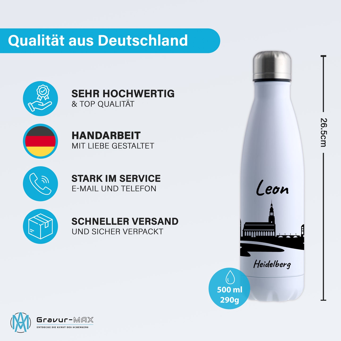 Trinkflasche in Weiß 500ml aus Edelstahl bedruckt mit der Skyline von Heidelberg personalisierbar mit Wunschname