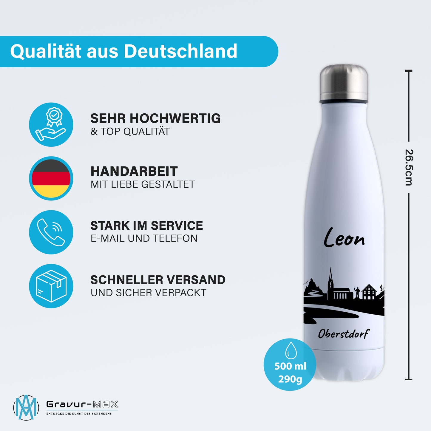 Trinkflasche in Weiß 500ml aus Edelstahl bedruckt mit der Skyline von Oberstdorf personalisierbar mit Wunschname