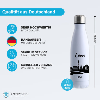 Trinkflasche in Weiß 500ml aus Edelstahl bedruckt mit der Skyline von Kiel personalisierbar mit Wunschname