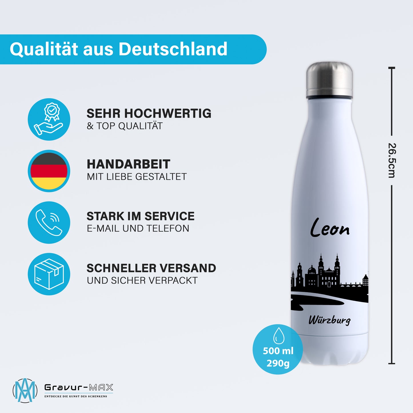 Trinkflasche in Weiß 500ml aus Edelstahl bedruckt mit der Skyline von Würzburg personalisierbar mit Wunschname