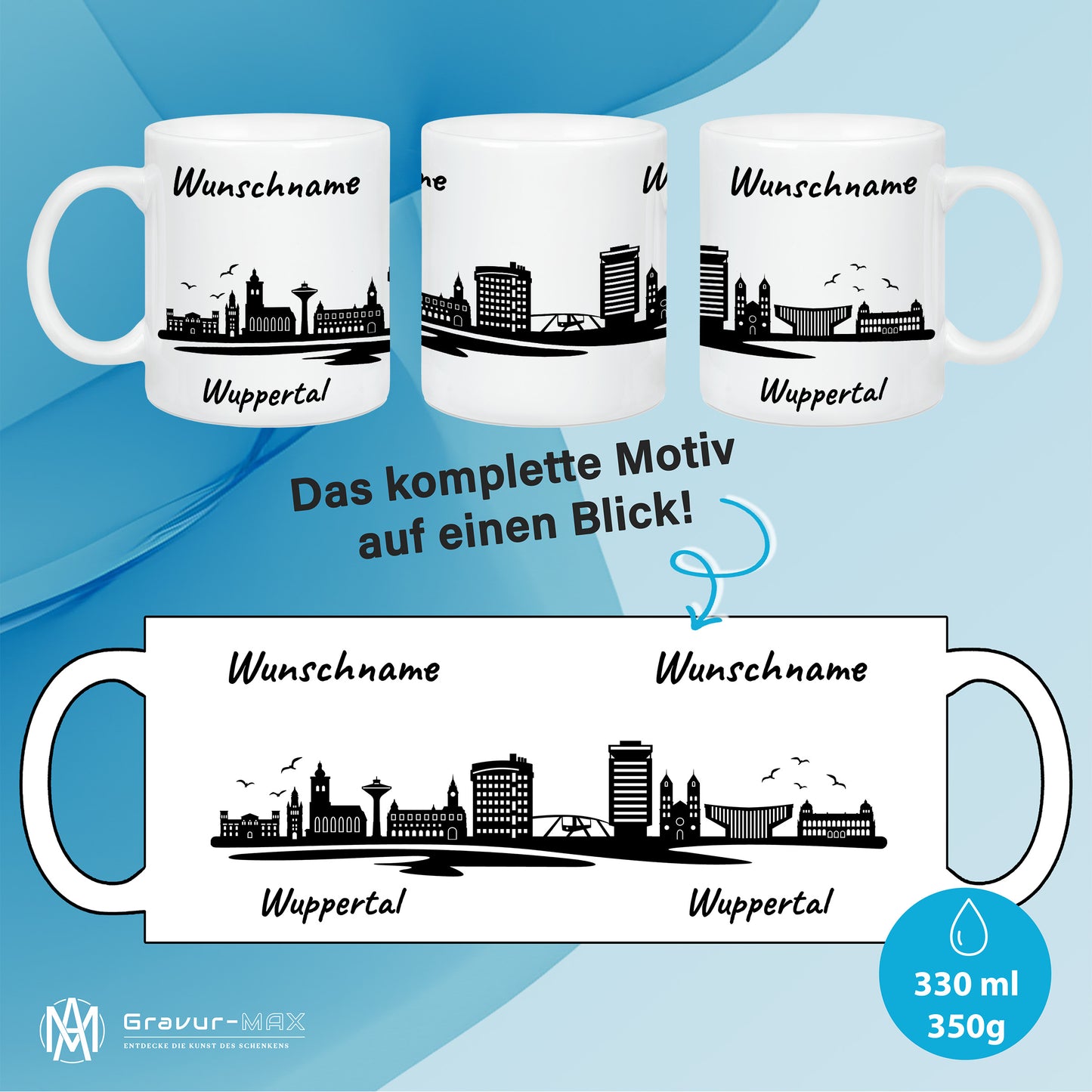 Tasse in Weiß 330ml bedruckt mit der Skyline von Wuppertal personalisierbar mit Wunschname