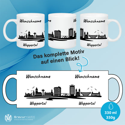 Tasse in Weiß 330ml bedruckt mit der Skyline von Wuppertal personalisierbar mit Wunschname