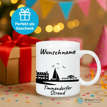 Tasse in Weiß 330ml bedruckt mit der Skyline von Timmendorfer Strand personalisierbar mit Wunschname