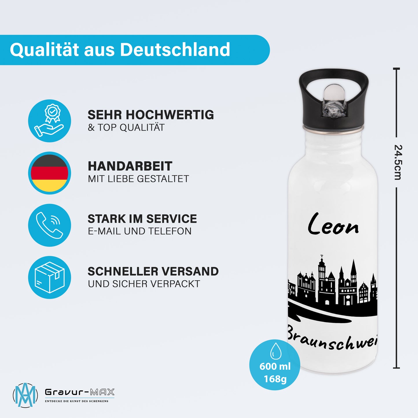 Trinkflasche in Weiß 600ml aus Edelstahl bedruckt mit der Skyline von Braunschweig personalisierbar mit Wunschname